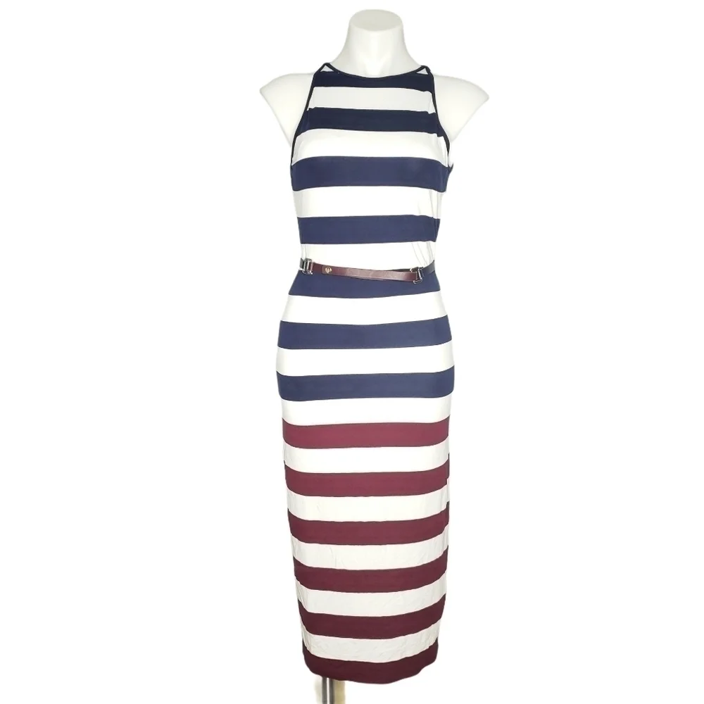 Ted Baker London Yuni Rowing Stripe Midi Dress Navy Maroon Belted Bodycon Size 6